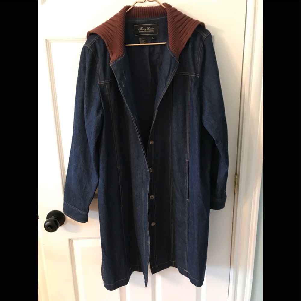 Terry Lewis classic luxuries long, lined denim coat with shawl collar.